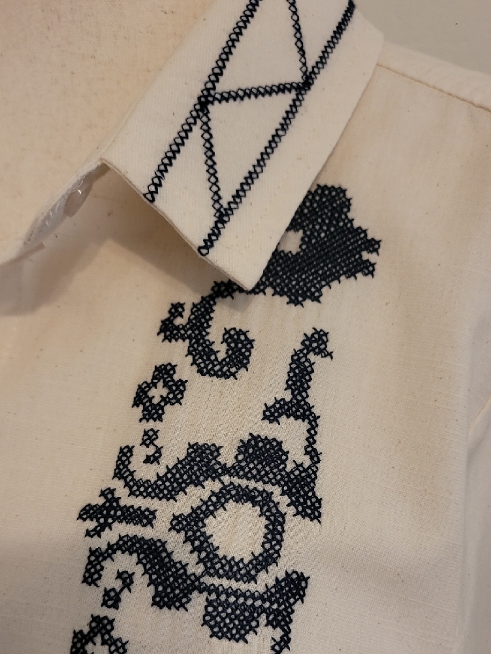 Cream Button-Down Shirt with Navy Embroidery - Picture 3 of 7